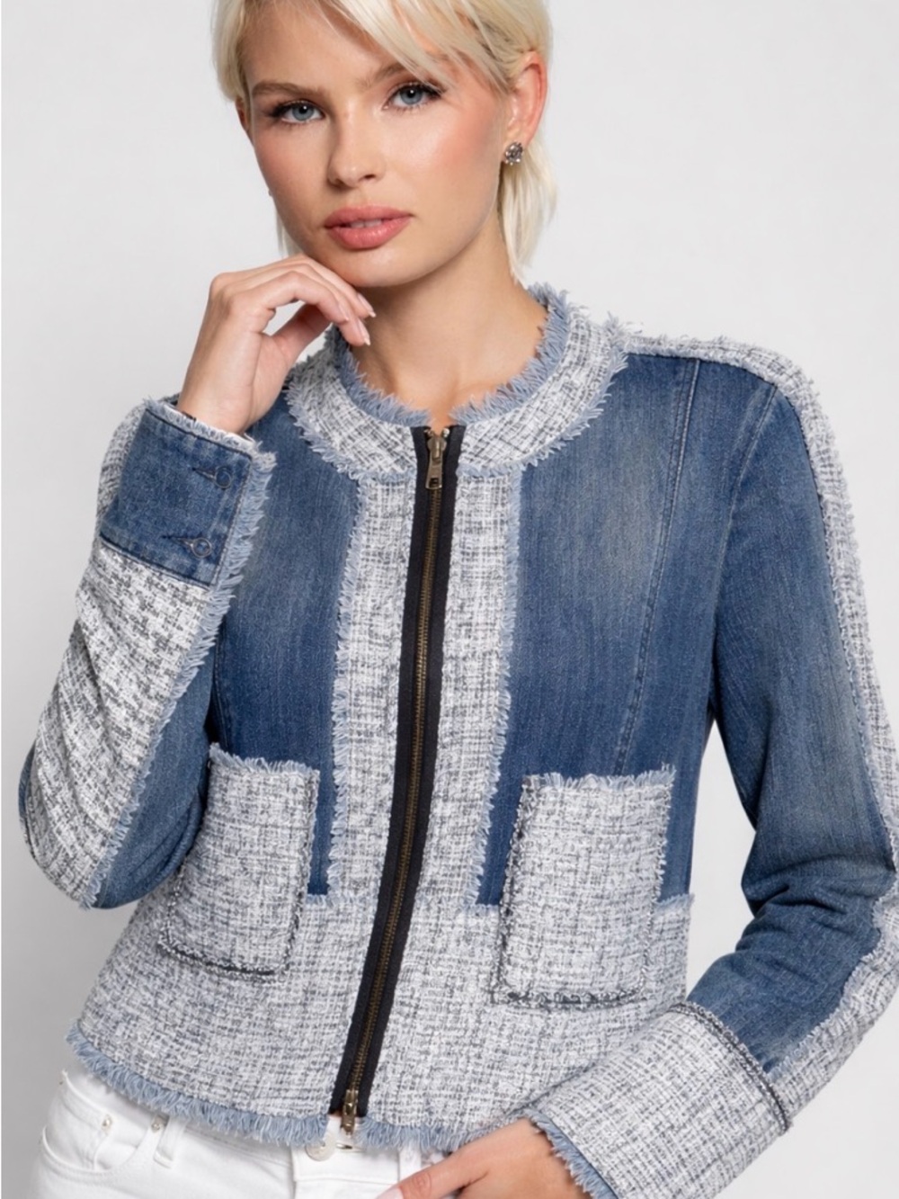 MINKAS Tweed Trimmed Denim Jacket, Size L, NWT